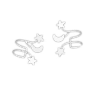 Silver Star and Crescent Moon Ear Cuff Earrings • Celestial Ear Wraps • Boho Earrings • Bohemian Jewellery • Dainty Moon Cuffs • Star Cuff