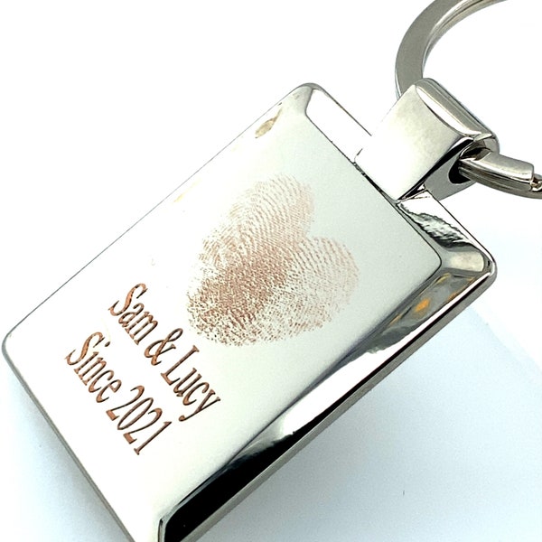 Valentines Day Personalised Finger Print Love Heart Key Ring with writing engraved, Custom Message Key Chain, boyfriend or girlfriend Gift