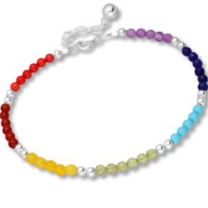 925 Silver Chakra Bracelet, Beaded Gemstones. Amethyst, Dyed Coral, Lapis Lazuli, Peridot, Reconstructed Light Green Turquoise ,Yellow Agate