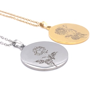 Birth Flower Necklace for Women • Personalized Engraved Charm Necklace • Best Friend Birthday Gift • Floral Disc Summer Jewelry for Her