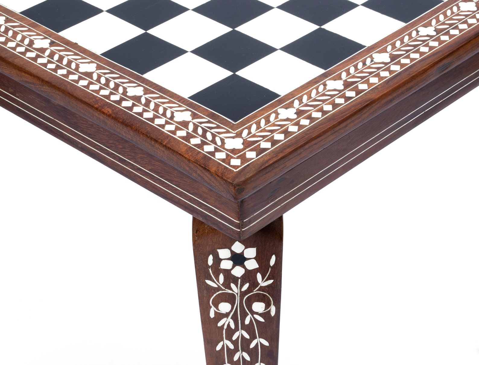 15" Handmade Rosewood Chess Board Table With Elephant Inlay Work - Foldable Square Art Deco