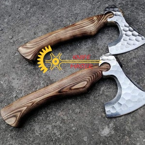 Custom Handmade Damascus Steel Tomahawk Axes with Rose Wood Handle With Leather Cover