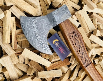 Handmade Damascus Steel Tomahawk Axe, Rosewood Handle, Leather Cover