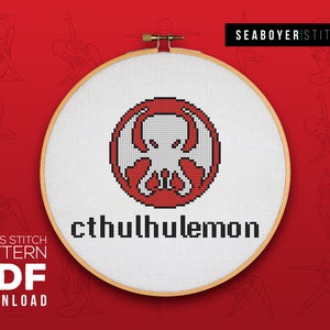 May include: A cross stitch pattern featuring a red and white Cthulhu design with the text "cthulhulemon" on a white background. The pattern is displayed in a wooden embroidery hoop. The image also includes a red background with several line drawings of people in yoga poses.