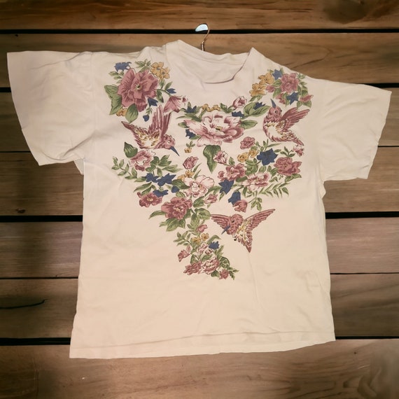 Vintage 80s 90s Hummingbirds Flowers Single Stitc… - image 1