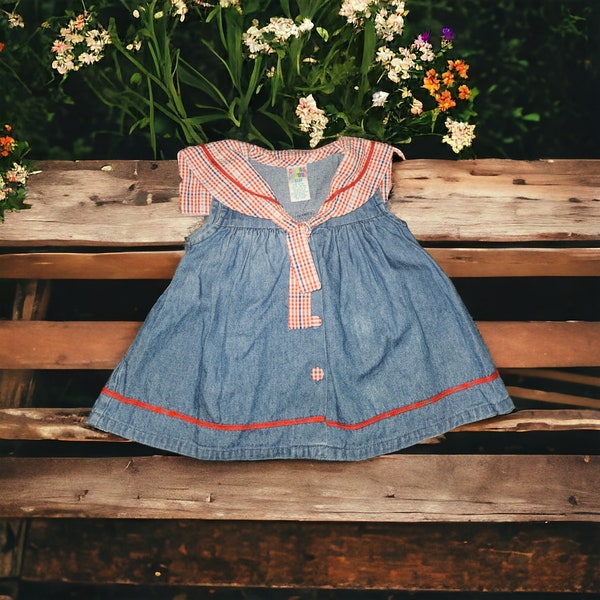 Vintage 90s Class Club Cotton Denim Sailor Nautical Dress Baby Size 6-9 Months