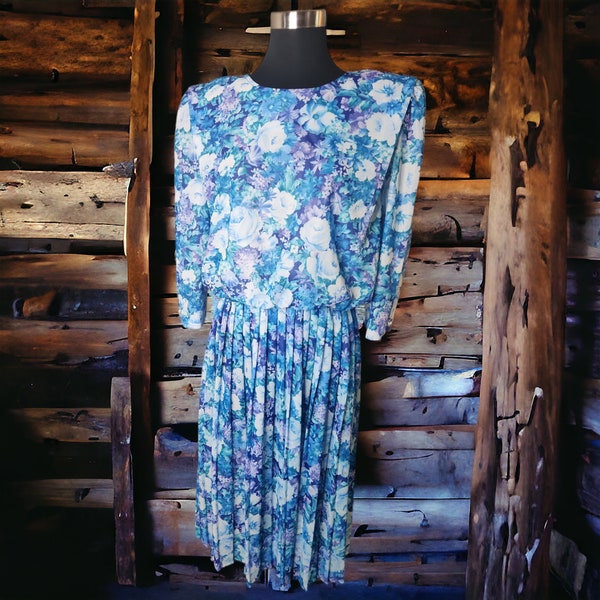 Vintage 80s California Looks Blue Floral Blouson Dress Size 16WP