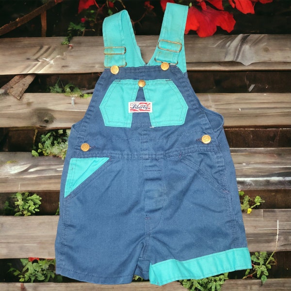 Vintage 80s Liberty Blue Colorblock Shorts Overall Toddler Size 4T Bibs Unisex