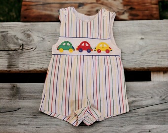 Vintage 70s 80s Baby Togs Beetle Car Applique Striped One Piece Romper Toddler Size 24 Months