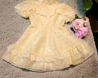 Vintage 80s Classmate Sheer Yellow Diamond Lace Ruffle Dress Girls Size 3T Spring Summer