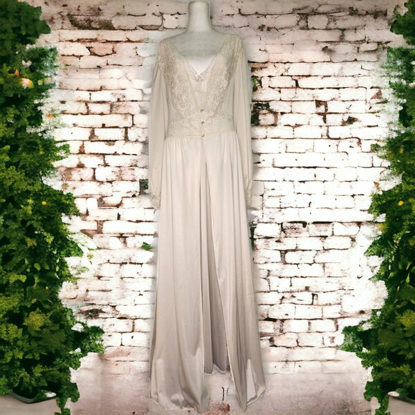 ShadowLine Vintage Peignoir Set Large Ivory Lace Satin Long Maxi Gown Robe