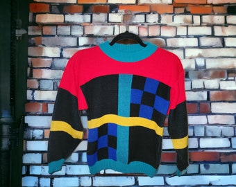 Vintage 80s Hot Fudge Colorblock Geometric Sweater  XS SW1