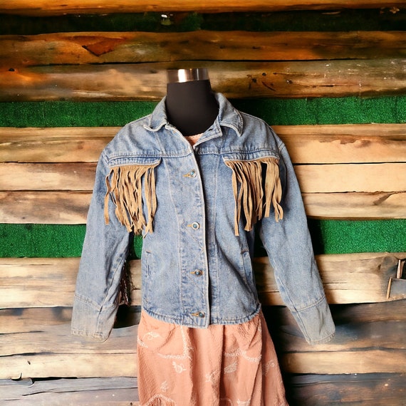 Vintage 90s Street Worn Cotton Denim Fringe Jacke… - image 1