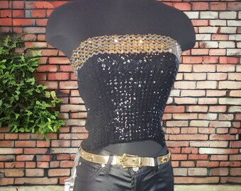 Vintage 70s 80s Black and Gold Sequin Stretch Tube Top Size Medium