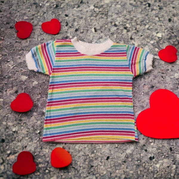 Vintage 80s Rainbow Striped Knit T Shirt Kids Sz 2T Spring Summer