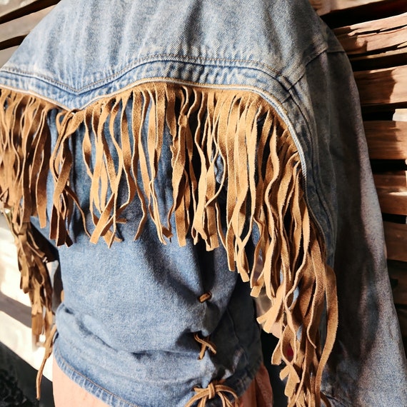 Vintage 90s Street Worn Cotton Denim Fringe Jacke… - image 3