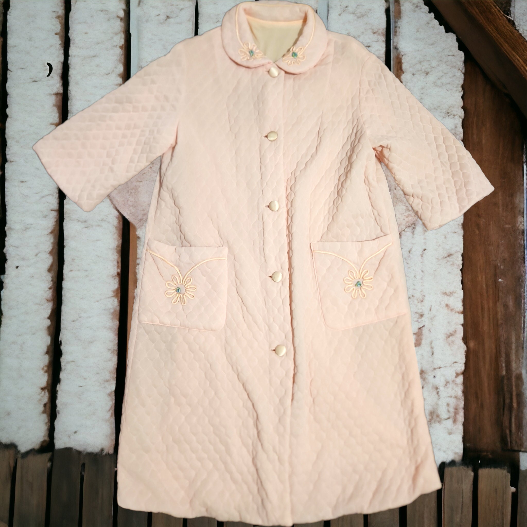 Vintage 60s Pink Quilted Nylon Robe Bed Jacket Size Small Cottagecore