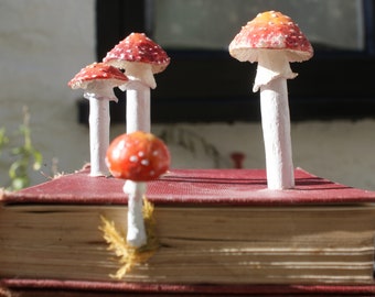 Mushroom Book, mushroom art, upcycled decorative sculpture, handmade collectable fly agaric cluster growing on an old book.
