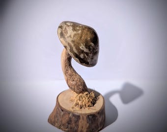 May include: A handcrafted wooden mushroom sculpture. The mushroom cap is a mottled brown and tan, atop a curved stem. The stem is attached to a small, round wooden base. The base has a rough, natural edge and a small amount of dried plant material.
