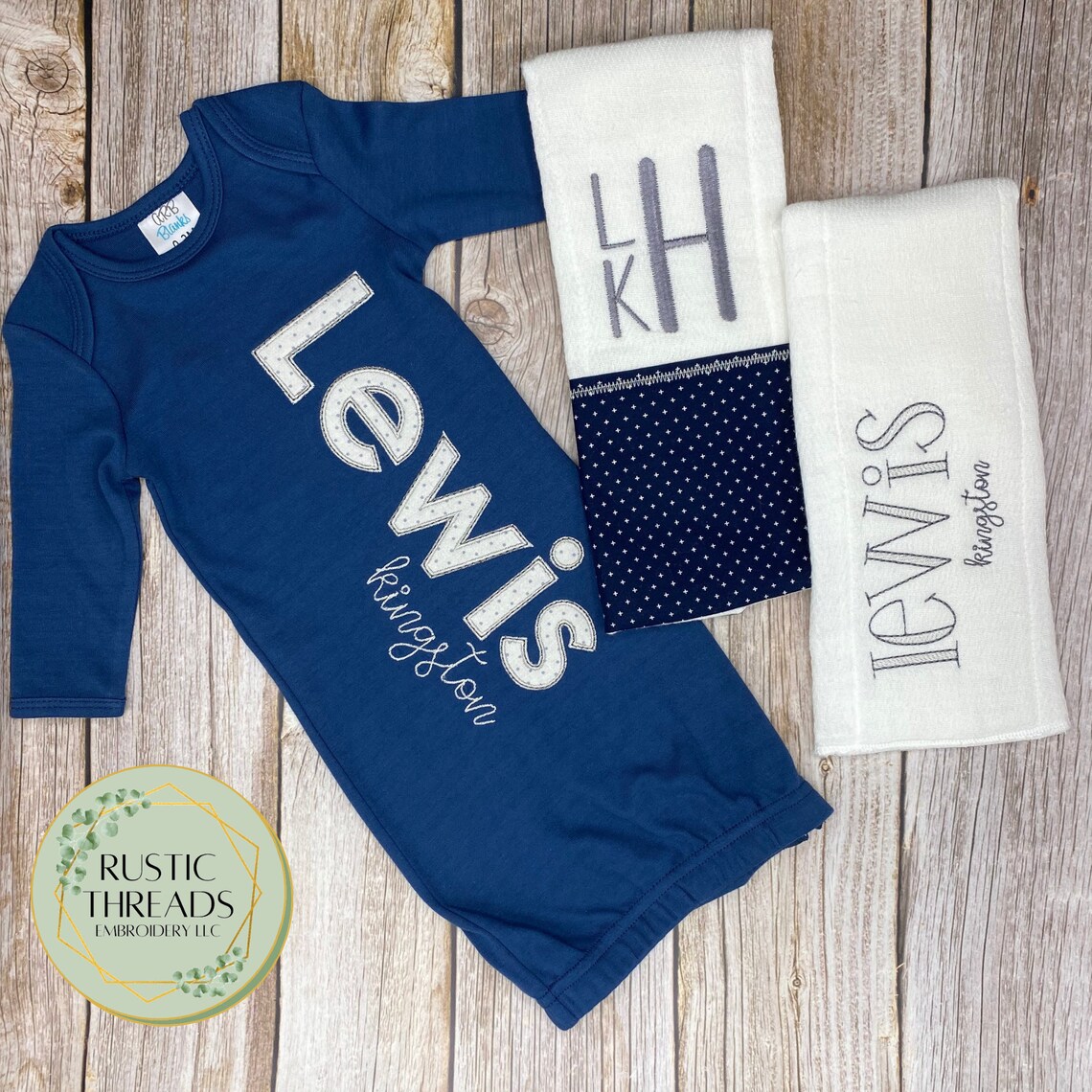 Personalized Baby Boy Gown and Burp Cloth Gift Set Applique Etsy