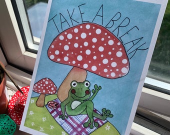 Take a break Frog & mushroom art pint by Hand Graced