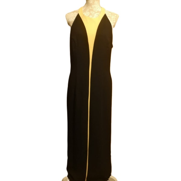 Joseph Ribkoff Evening Dress. Floor length, bare shoulder with front split. Black and yellow. size 16. VGC