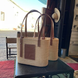 FRENCH BASKET bolso de rafia con asas de cuero, bolso de playa, bolso de paja, bolso de lujo