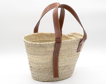 FRENCH BASKET Classic Leather Patch Straw Basket, Beach bag, Shopping basket, straw bag, market basket, Moroccan Basket, Summer Bag