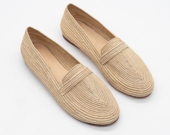 Raffia shoes for women, raffia moccasins, Raffia loafers for women, Moroccan raffia shoes,  Oxfords raffia shoes