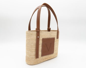 Sac FRENCH BASKET en raphia avec anses en cuir, sac de plage, sac en paille, sac de luxe