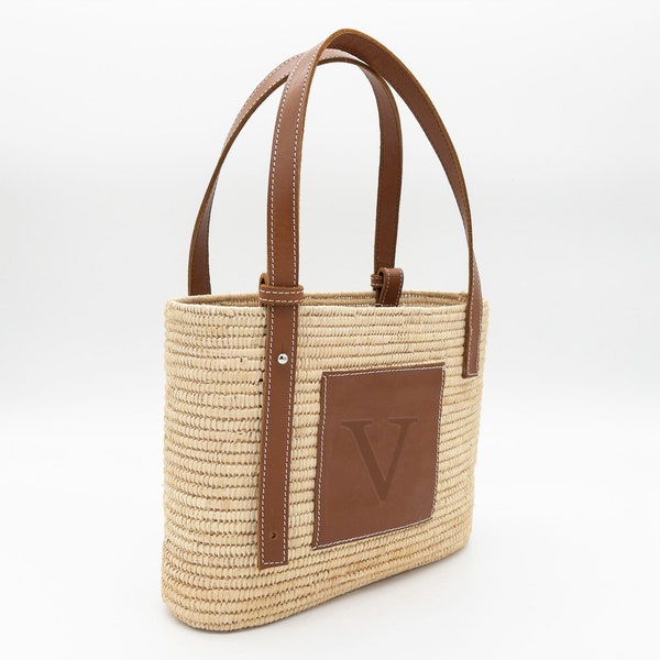 Sac FRENCH BASKET en raphia avec anses en cuir, sac de plage, sac en paille, sac de luxe