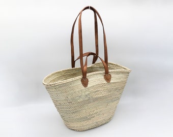 FRENCH BASKET with double flat leather handles, straw bag, beach bag, basket bag, shopping basket, wicker basket with handle, wicker basket