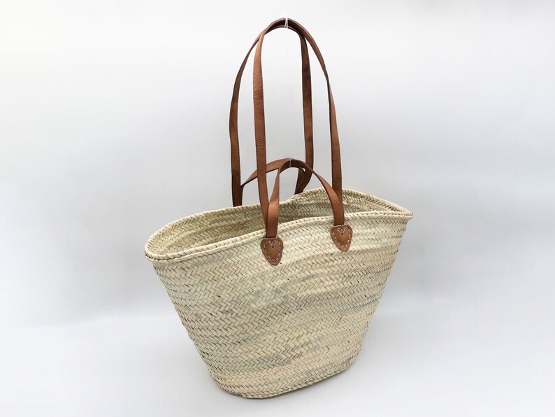 FRENCH BASKET with double flat leather handles, straw bag, beach bag, basket bag, shopping basket, wicker basket with handle, wicker basket image 1