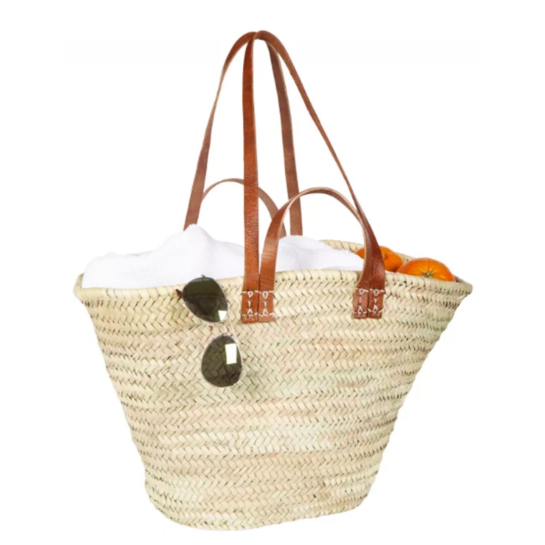 French Basket With Double Flat Leather Handles, Straw Bag, Beach Bag ...