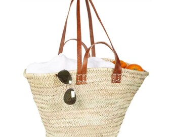 French basket with double flat leather handles, straw bag, beach bag, basket bag, shopping basket, wicker basket with handle, wicker basket