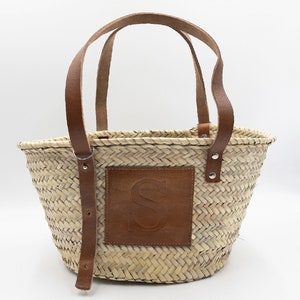 FRENCH BASKET Classic Customized Tan Leather Patch Straw Basket, Beach bag, straw bag, market basket, Moroccan Basket, Summer Bag