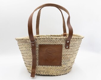 FRENCH BASKET Classic Customized Tan Leather Patch Straw Basket, Beach bag, straw bag, market basket, Moroccan Basket, Summer Bag