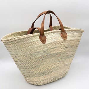 FRENCH BASKET with double flat leather handles, straw bag, beach bag, basket bag, shopping basket, wicker basket with handle, wicker basket image 5