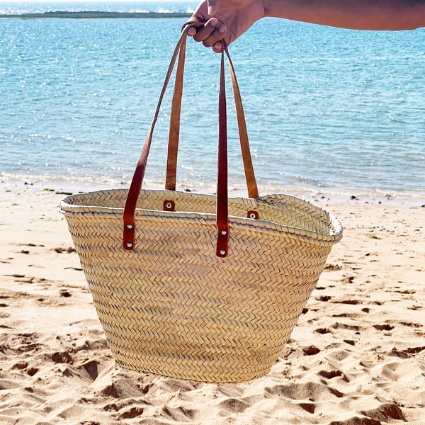 PANIER FRANÇAIS sac en paille anses cuir sac de plage, sac en paille, panier de marché, panier de courses