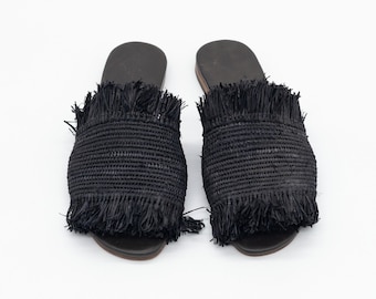 Raffia Slippers For Womens, Black Raffia Sandals, Raffia Shoes, Raffia Slides, Moroccan Shoes,  Straw Sandals, Summer Sandals