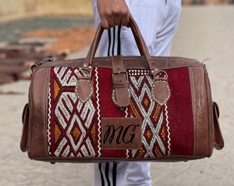 Personalized Travel Bag, Kilim Weekender Bag, Leather Kilim, Overnight Bag, Carpet Bag, Boho Weekend Bag, Moroccan Kilim Travel Bag