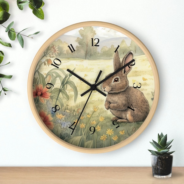 Illustrated Bunny Wooden Wall Clock in Multiple Colors {} Children's room {} Nursery {} Classrooms {} Easter Gift {} Happy Spring