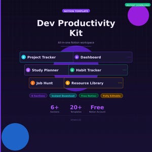 Dev Productivity Kit — Notion Template for Developers | Project Tracker, Study Planner, Habit Tracker