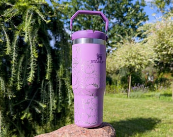 Vaso Stanley de 30 oz con grabado personalizado / Diseño de peonía, regalo personalizado