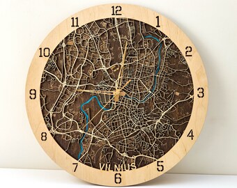 Custom Wooden City Clock, Vilnius Wooden City Map Clock Wall Hanging Clock Clocks for Wall Large Wall Clock Wooden Valentine's day gift