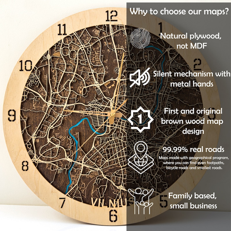 Why to choose our maps? Silent mechanism, metal hands, first and original brown wood map deisgn