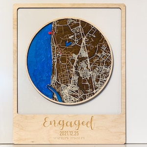 Mappa di fidanzamento personalizzata in legno con il tuo segno di posizione speciale, arazzo da parete in resina epossidica, regalo sentimentale per coppia, primo appuntamento, mappa del matrimonio