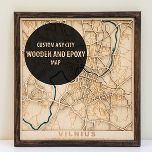 Carte en bois personnalisée avec rivières époxy, cadeau de pendaison de crémaillère, carte en bois laser, cadeau petit ami, carte de Vilnius, cadeau personnalisé pour lui, cadeau d'anniversaire