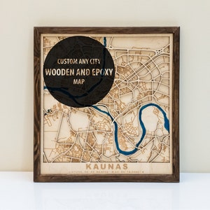 3D Custom Laser Cut Elke stadskaart met epoxy rivieren, vriendin cadeau, laser gesneden, houten kaart, housewarming cadeau, vriendje cadeau, Kaunas kaart
