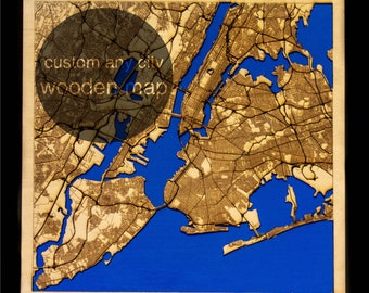 Laser Cut Wood City Map, Custom Engraved Birch & Oak Frame